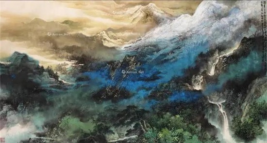 国画山水,色墨交融，山河俊美，画风飘逸秀美