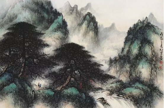 他的山水画与松树的画法，独一无二